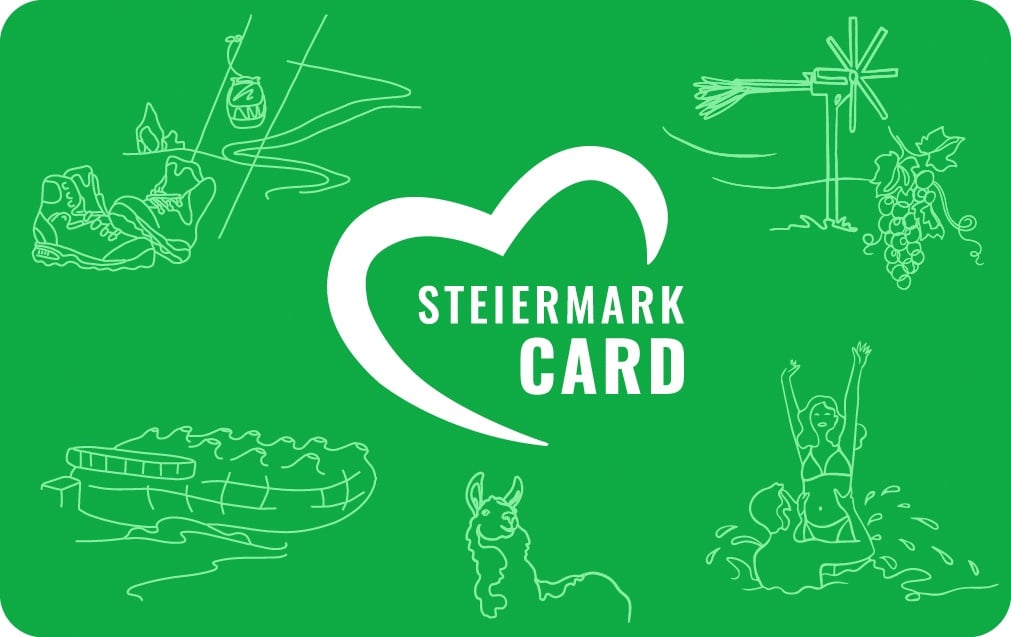 Grüne Steiermark-Card mit Illustrationen zu Wandern, Seilbahn, Wein und Freizeitangeboten.