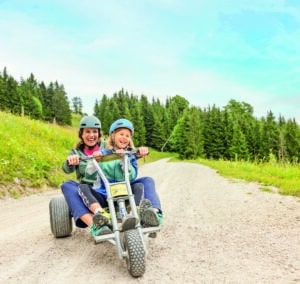 Erwachsene und Kind fahren mit einem Mountaincart auf der Gemeindealpe Mitterbach ins Tal.
