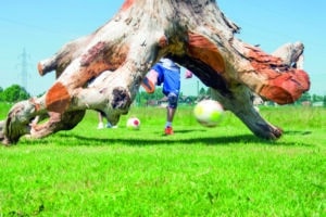 Spieler schießt einen Fußball unter einem Wurzelhindernis im Soccerpark Salzburg.