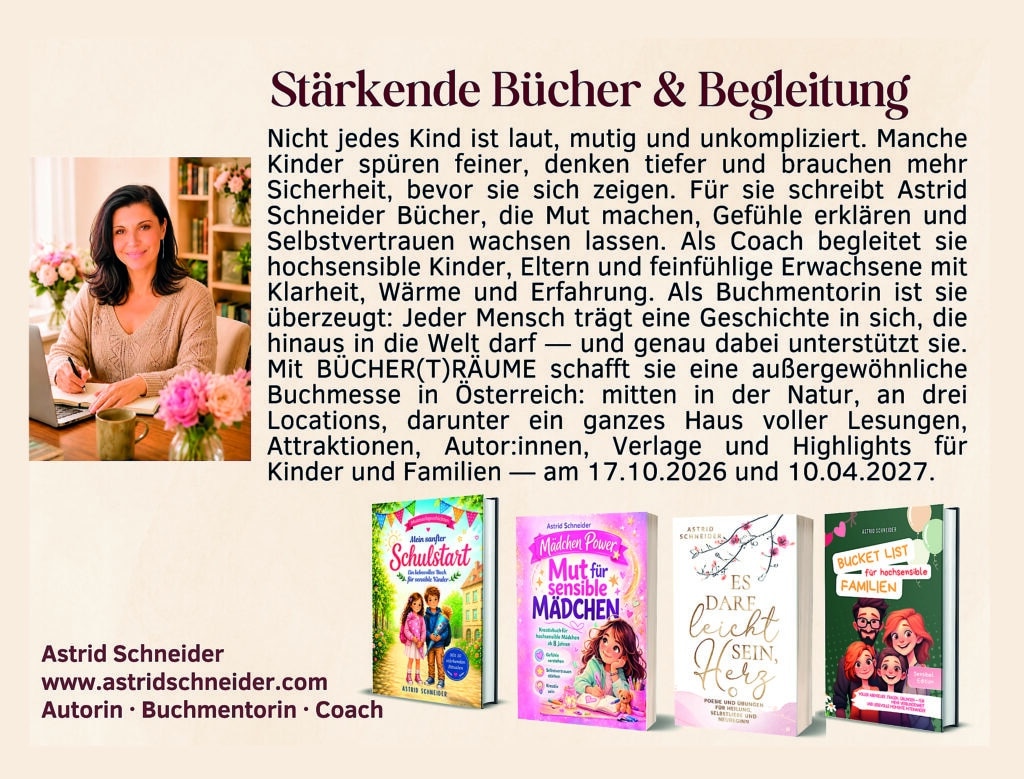 Autorin und Coach Astrid Schneider mit ihren stärkenden Büchern für Kinder und Familien.