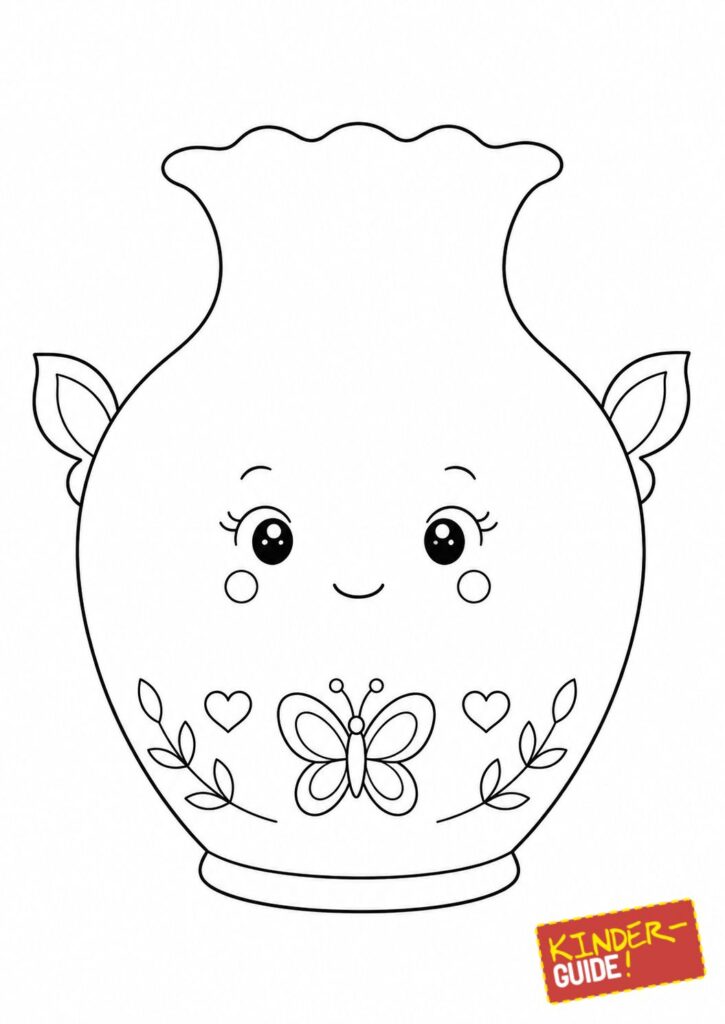Niedliches Naturvasen-Ausmalbild für Kinder mit offenen Augen, Schmetterling, Herzen und Blättern