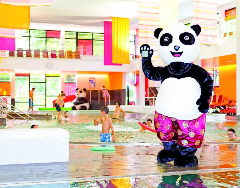 Panda-Maskottchen in der Indoor-Wasserwelt des Asia Hotel & Spa Leoben mit Familien im Schwimmbecken.